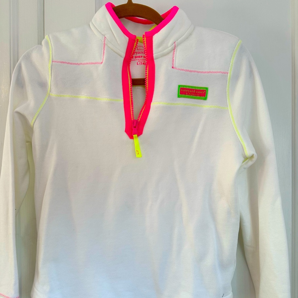 Vineyard Vines Girls Shep Shirt in white with neon pink, yellow and green